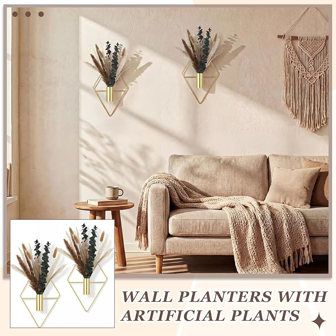 Jexine 4 Pcs Hanging Planters with Artificial Pampas Grass Metal Hanging Vase Indoor Plants Holder Modern Geometric Boho Bathroom Wall Decor for Living Room Home Office (Gloden)