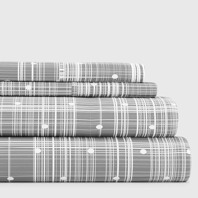 Linen Market Double-Brushed Patterned Microfiber California King Sheet Set 4 Piece – Oeko-TEX Certified Ultra Soft & Wrinkle-Free - 16" Deep Pocket Sheets Easy Care Cal-King Size - Polka Dot Gray