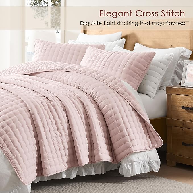WDCOZY Pink Queen Size Quilt Bedding Sets with Pillow Shams, Lightweight Soft Bedspread Coverlet, Quilted Blanket Thin Comforter Bed Cover, All Season Summer Spring, 3 Pieces, 90x90 inches