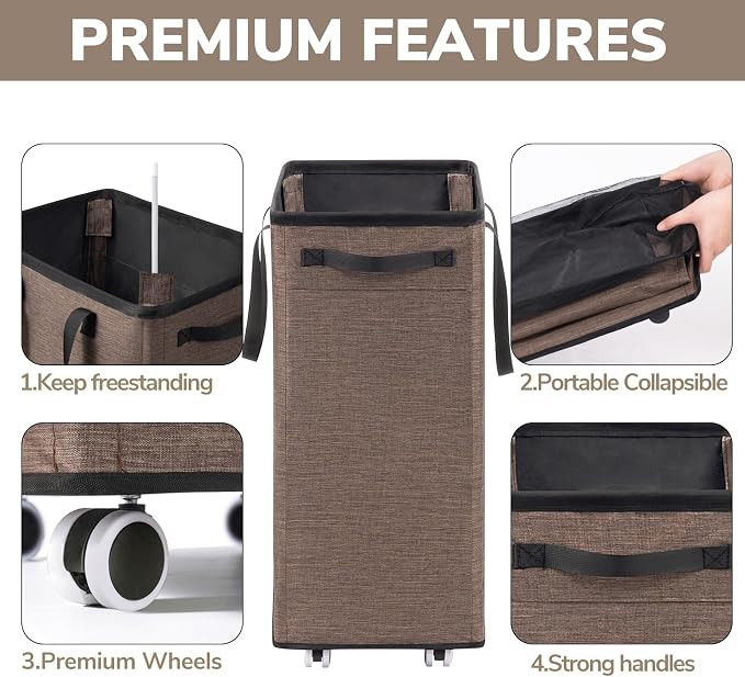 Goodpick 75L Collapsible Laundry Baskets with Removable Wash Bag and Wheels | Rolling Laundry Basket with Handles for Dirty Clothes, Fodable Hamper for Laundry Room, Light Brown