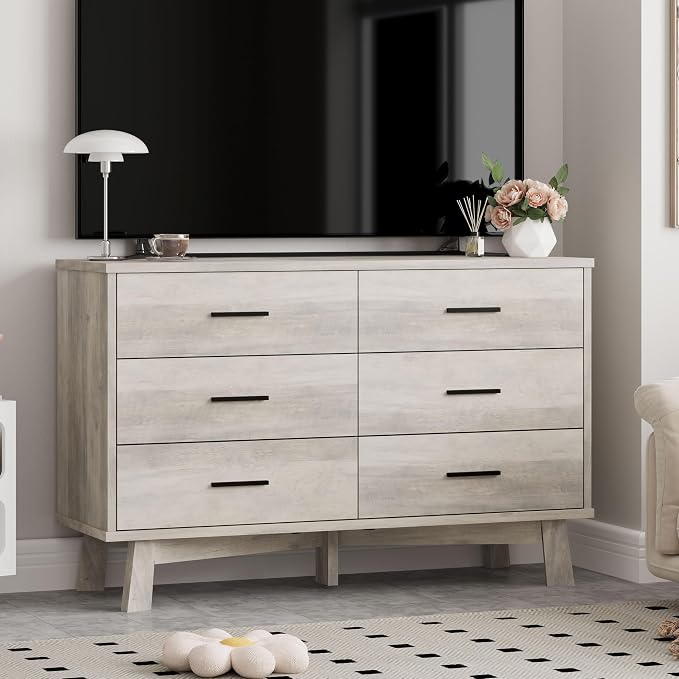Xixini Dresser for Bedroom, 6 Drawer Wide Modern Chest of Drawers with X-Shaped Sturdy Base, Wood Double Dresser Closet Clothes Storage Organizer, Wooden TV Stand for Living Room, Hallway, Grey