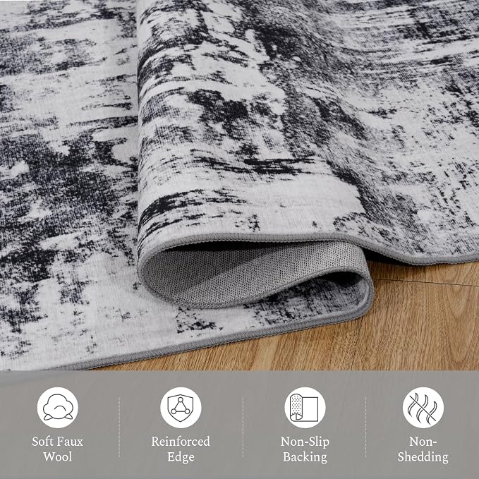 Rugflix Round Area Rugs 4Ft for Living Room, Washable Black Grey Circle Rug | Machine Washable; Stain-Resistant; Low Pile; Non-Slip; Modern Abstract; Carpet for Bedroom Dining Office Nursery Home