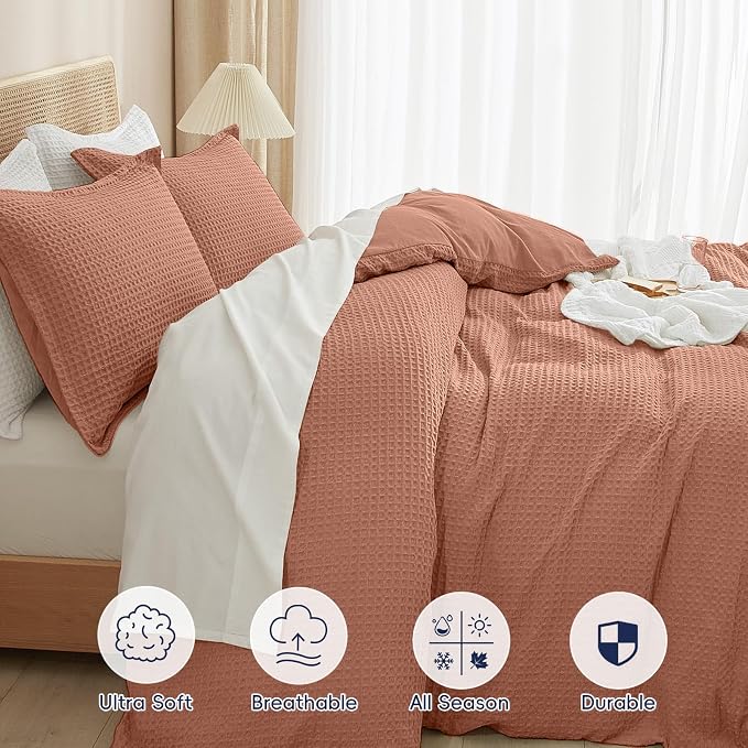 PHF Waffle Duvet Cover California King,Soft Breathable,104"x98",Terra Cotta | 300GSM Fabrie，No Snagging Textured Honeycomb Comforter Cover for All Season 3pcs, Durable Bedding Duvet Set, Home Decor Gift