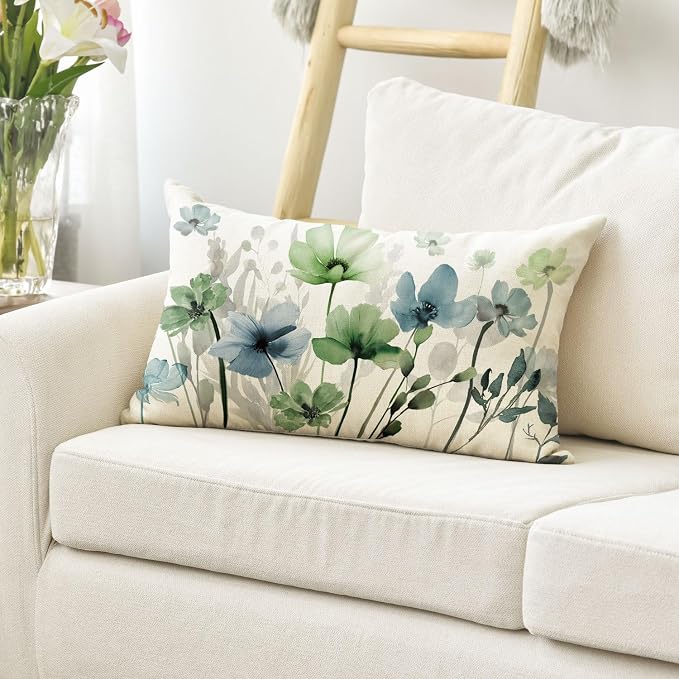 AVOIN colorlife Poppy Flowers Chinoiserie Throw Pillow Cover 12x20 Inch | Blue Sage Green Seasonal Leaves Cushion Case Decoration for Sofa Couch Farmhouse