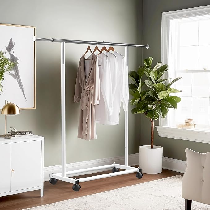 Simple Houseware Standard Rod Garment Clothing Rack, White | Single Rail, Extendable Width from 30 to 47 Inches, Rolling Clothing Organizer for Bedroom, Laundry, Living Room