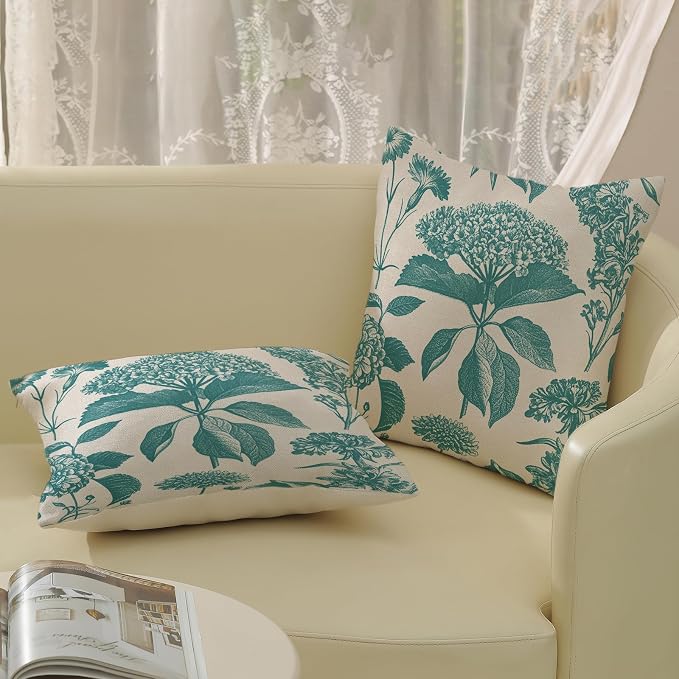Aqua Teal Pillow Covers 18x18 Inch 2 Pcs Boho Vintage Floral Decor Throw Pillows Hydrangea Flower Summer Outdoor Farmhouse Neutral Accent Decoration Pillowcase Linen Cushion Cover for Sofa