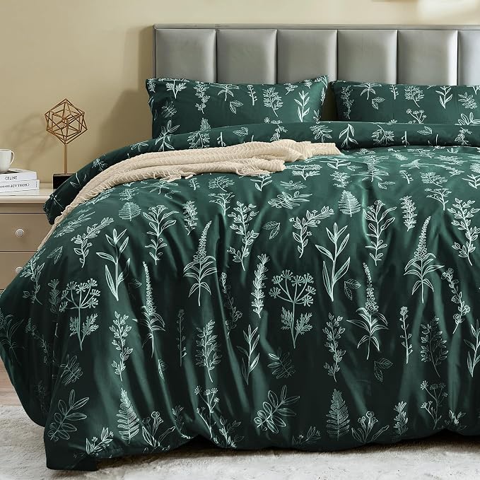 MUXHOMO Duvet Cover Twin/Twin XL Size Set, Reversible Floral Forest Green Duvet Cover with Zipper Closure, 2 Pieces Botanical Patterns Soft Microfiber Bedding Set with 4 Ties (68"x90", 1 Pillow Case)