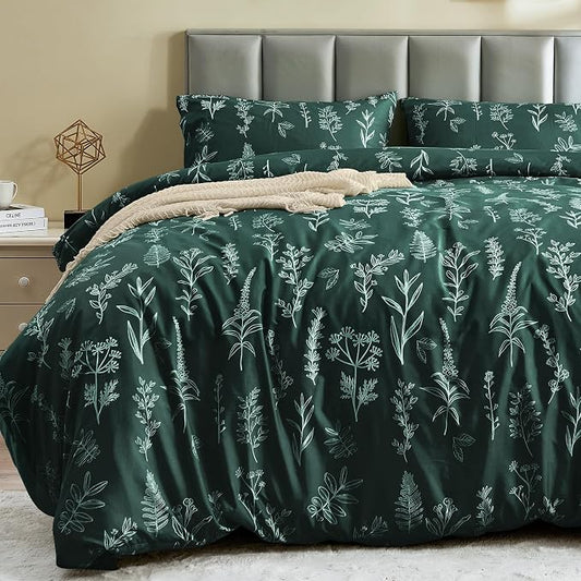 MUXHOMO Duvet Cover Twin/Twin XL Size Set, Reversible Floral Forest Green Duvet Cover with Zipper Closure, 2 Pieces Botanical Patterns Soft Microfiber Bedding Set with 4 Ties (68"x90", 1 Pillow Case)