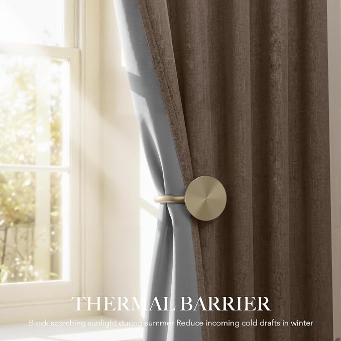 RYB HOME Brown 100% Blackout Curtains 96 Inch Long for Living Dining Room | Thermal Insulating Privacy, Energy Saving Linen, Window Theater, For Bedroom Office Nursery Room Dorm, W52 x L96, 2 Panels