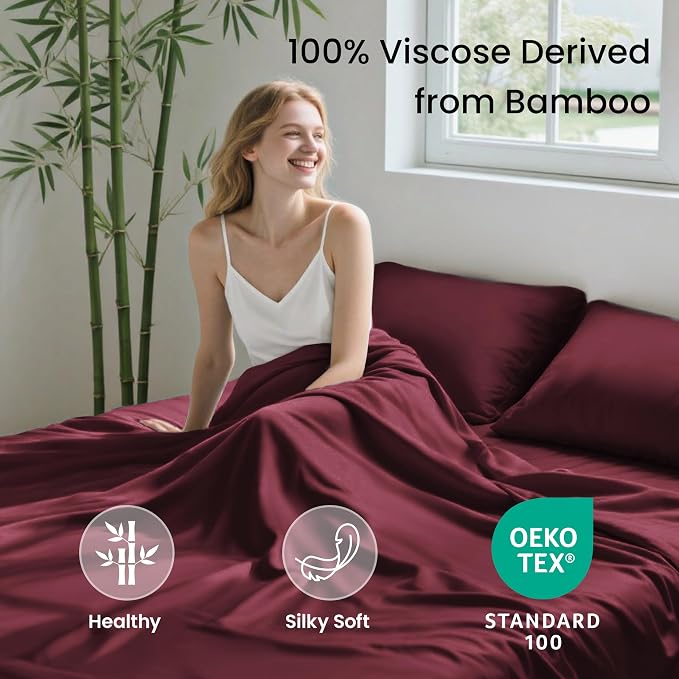 Love's cabin 3 Piece Twin XL Sheet Set, 100% Rayon Derived from Bamboo, Cooling & Breathable, Soft Silky Deep Pocket up to 16", Hotel Luxury Bedding for Hot Sleepers, Burgundy