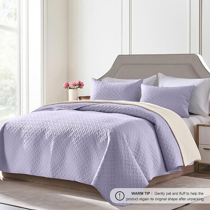 FLYMME Quilts Queen Size,Lightweight Lavender Bedspreads,Basket Weave Pattern,Ultra Soft Microfiber Bed Coverlet 3 Pieces for All-Seasons (1 Quilt,2 Shams)