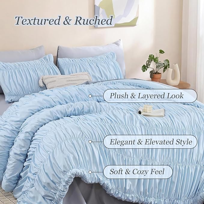 weigelia Light Blue Ruched Comforter Set Twin Size, Cute Girls Bedding Set | All Season, Soft Microfiber Comforter, Cozy Cinched Design for Home & Bedroom Decor (1 Comforter,1 Pillowcase)