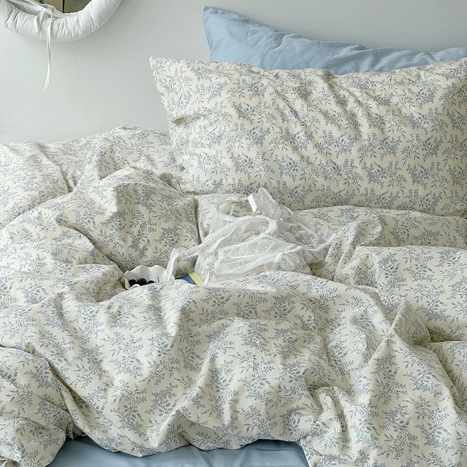 mixinni Blue Floral Duvet Cover King Size - 100% Cotton Soft Boho Comforter Cover with Zipper Closure 4 Ties, 3-Piece Vintage Aesthetic Botanical Bedding Set with 2 Pillowcases, All Season Bed Set