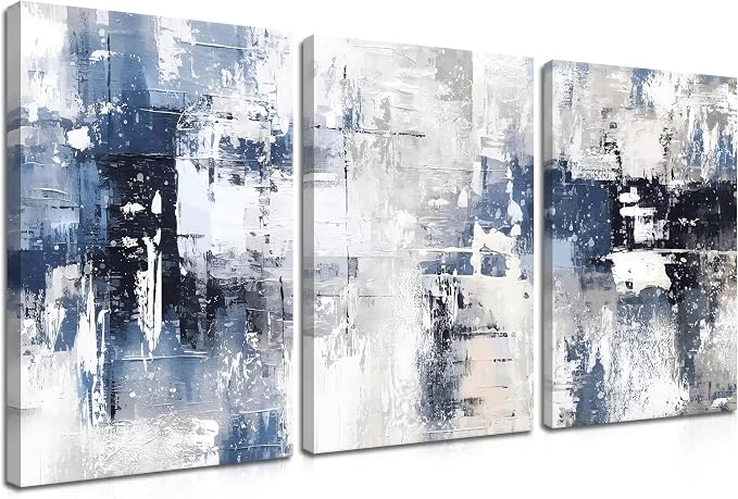 Abstract Blue and White Wall Art Set of 3, Modern Simple Navy Framed Canvas Prints Poster, Gray Painting Picture for Living Room, Bedroom, Office Wall Decor 16x24 Inch