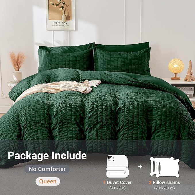 HYMOKEGE Emerald Green Duvet Cover Queen Size, Ultra Soft 3-Piece Seersucker Duvet Cover Set with Zipper Closure, Soft Brushed Microfiber Bedding Set with 8 Corner Ties (90"x90", 2 Pillowshams)