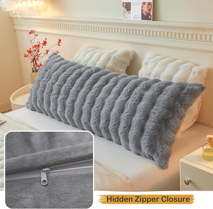 LIFEREVO Fluffy Faux Rabbit Fur Body Pillow Cover 20"x54", Light Grey | Soft Cute Bubble Bed Pillowcase with Zipper Closure, Washable Plush Furry Long Pillow Case for Pregnancy Women Side Sleeper