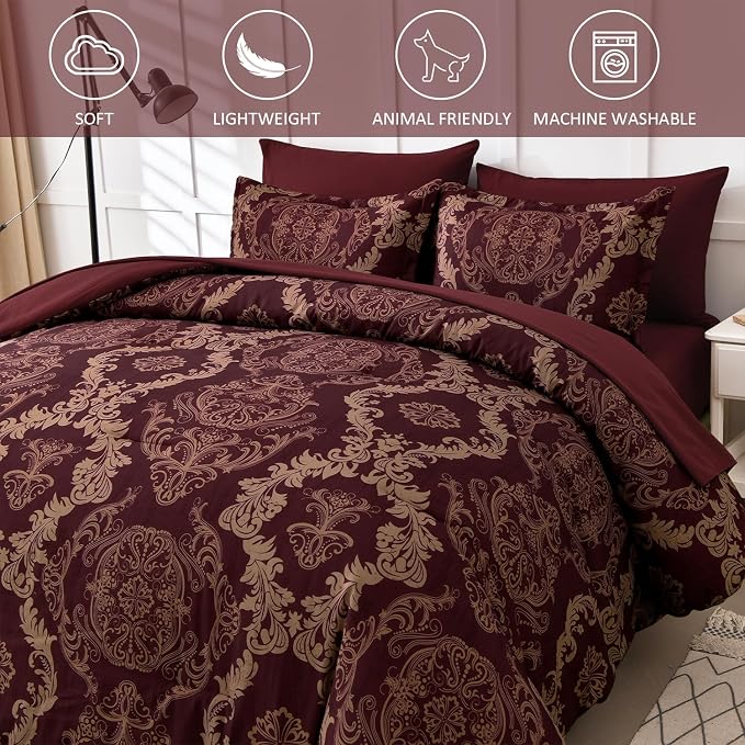 WONGS BEDDING Burgundy Comforter Set Queen Size, Maroon Damask Texture 7 Pieces Bed in a Bag Microfiber Comforter Bedding Sets -1 Comforter, 1 Flat Sheet, 1 Fitted Sheet, 2 Pillow Shams, 2 Pillowcases