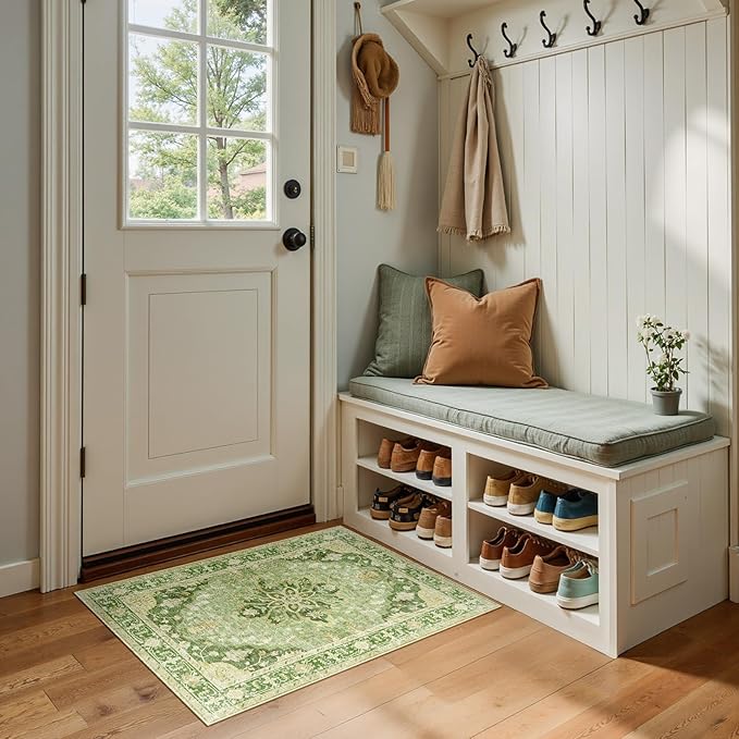 RELEANY Washable Area Rug, Small 2'x3', Green/Yellow | Non-Slip, Water Repellent, Pet Friendly, Easy to Clean, Vintage Floral Boho Decor for Kitchen Entryway Bathroom