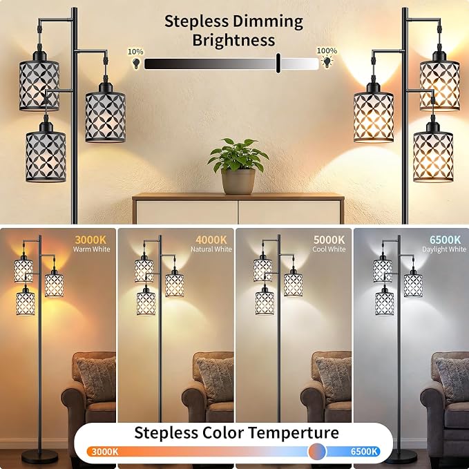 72" Dimmable Floor Lamp with Remote & Timer, Industrial Farmhouse Rustic Standing Lamp for Living Room Bedroom, 3 Individually Controlled Heads, 2 Height Options, 3 x LED Bulbs Included