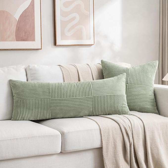 Fancy Homi Set of 2 Sage Green Boho Long Lumbar Body Decorative Throw Pillow Cover 14x36 Inch for Bed Couch Bedroom Bench, Soft Patchwork Corduroy Textured Pillow Case, Rustic Farmhouse Room Décor