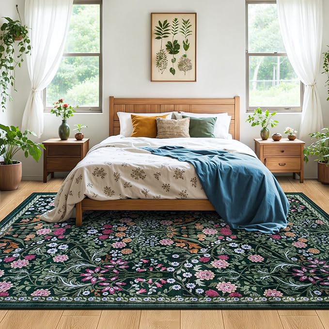 PLHXFR Area Rug Living Room: 5x7 Floral Washable Boho Carpet Dark Green | For Bedroom Dining Room Farmhouse Nursery Hallway,Vintage Floral,Machine washable,Non Slip,Stain Resistant,Large Indoor