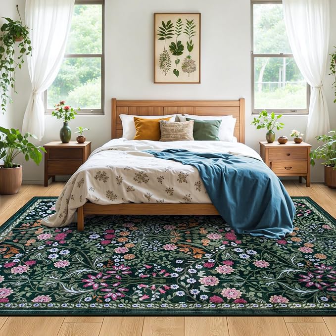PLHXFR Area Rug 10x12 Living Room: Floral Washable Boho Carpet Dark Green | For Bedroom Dining Room Farmhouse Nursery Hallway,Vintage Floral,Machine washable,Non Slip,Stain Resistant,Large Indoor