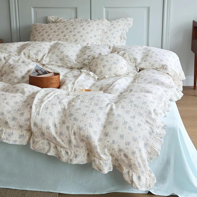 Cottage Chic Ruffled Duvet Cover Full, Blue Floral Quilt Cover 79"x90", 1 PC, Soft Muslin Cotton Comforter Cover Farmhouse Bedding Duvet Cover, No Comforter Insert/Pillowcase