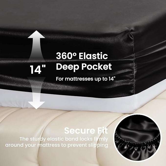 Love's cabin Satin Full Sheets Set - 6 Piece Black Silky Bed Sheets Set with Deep Pocket, Luxury Silk Feel Satin Full Size Sheet Set (1 Flat Sheet,1 Fitted Sheet,4 Pillow Cases)