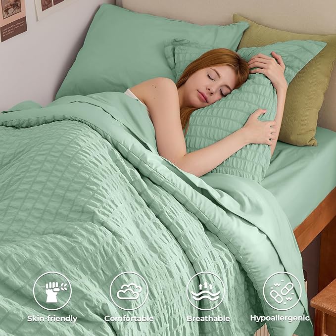 HYMOKEGE Sage Green Twin XL Comforter Set Seersucker 5 Pieces, All Season Luxury Bed in a Bag for Bedroom, Bedding Set with Comforter, Sheets, Pillowcase & Sham