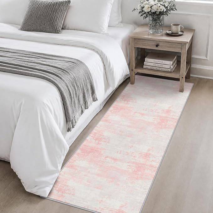 2x6 Washable Runner Rug：Modern Abstract Soft Carpet Pink White | For Hallway, Bedroom, Kitchen, Laundry, Bathroom,Door Mat,Modern Abstract,Machine washable,Non-Slip,Stain Resistant,Indoor
