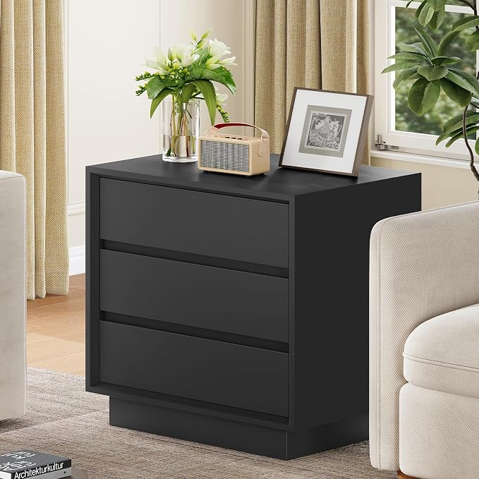 TEENFON Nightstands Set of 2, Night Stand with 3 Drawers, Nightstand Side Table with Cut-Out Handle, Bedside End Table for Bedroom, Black, 17.7″ L × 15.7″ W × 23.6″ H