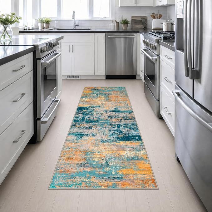 2.6x8 Washable Runner Rug：Modern Abstract Soft Carpet Rosy Haze | For Hallway, Bedroom, Kitchen, Laundry, Bathroom,Door Mat,Modern Abstract,Machine washable,Non-Slip,Stain Resistant,Indoor