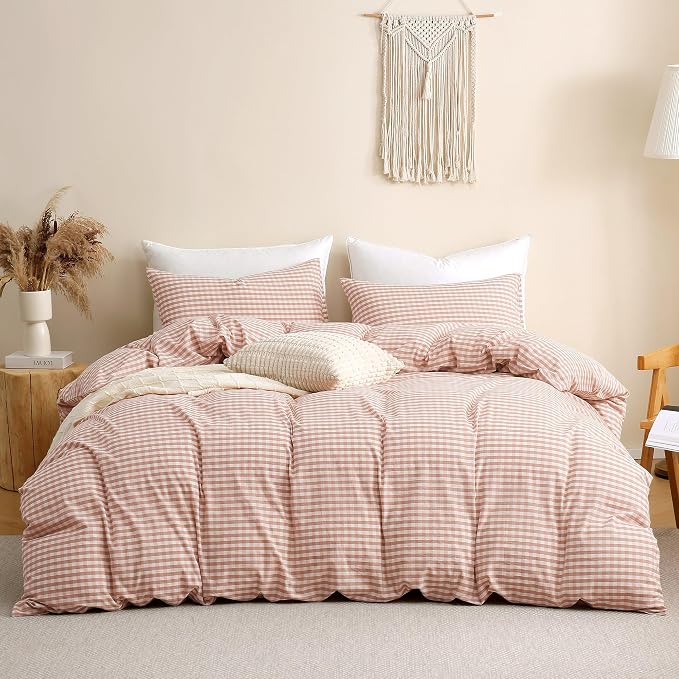 TOCOMOA Gingham Duvet Cover Set 100% Washed Cotton Like Linen, Queen | Linen-Like Feel Soft, Breathable & Comfy for All Season. Pink Brown Fall Bedding Set with Zipper & 8 Ties. 3 Pcs, No Insert