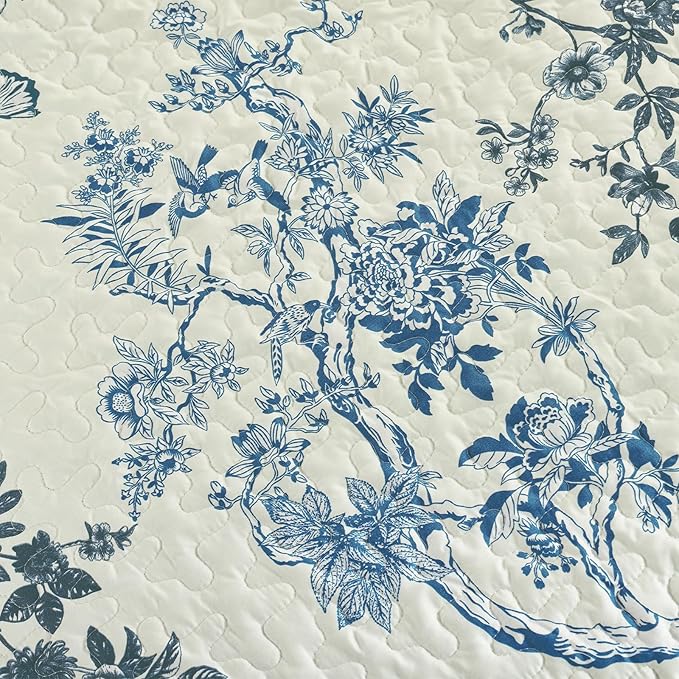 WONGS BEDDING Floral Quilt Set Queen,3 Pcs Blue Bedspreads Coverlets Set | Spring Summer Floral Farmhouse Bedspread with 2 Shams,Soft Microfiber Lightweight Coverlet for All Season 96"×90"