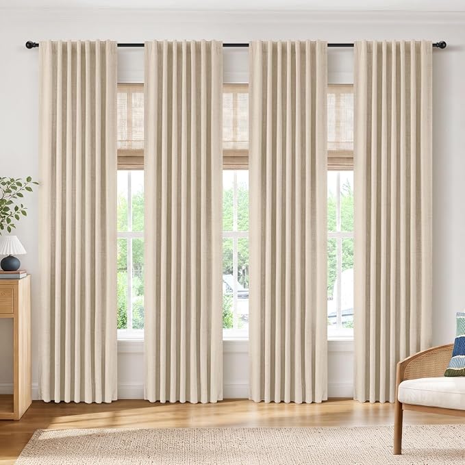 INOVADAY 100% Blackout Linen Curtains for Bedroom 42x96 Inches Oatmeal | Linen Textured, Light Blocking, Room Darkening, Thermal Insulated, Back Tab Top, Window Curtains for Living Room, 4 Panels