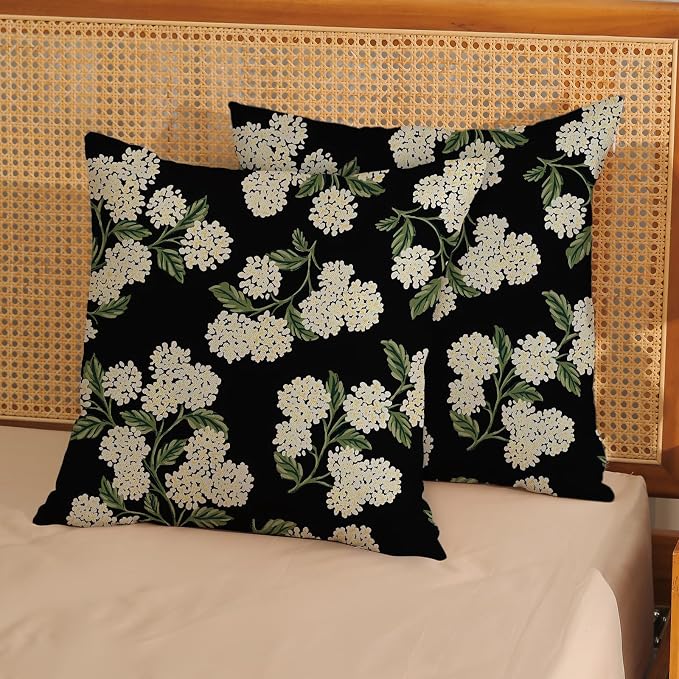 Black Spring Pillow Covers 20x20 Inch 2 Pcs Green Hydrangea Flower Decor Throw Pillows Vintage Floral Seasonal Summer Outdoor Decoration Pillowcase Linen Cushion Cover for Couch Sofa