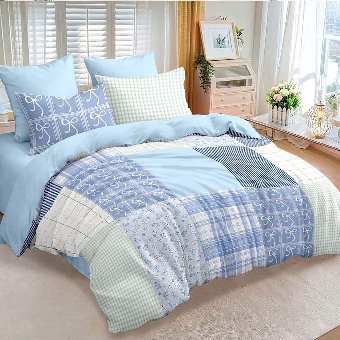 Nayoroom Plaid Duvet Cover Queen Size Reversible Blue Patchwork Checkered Duvet Cover Dorm Bedding Set 3 Pieces Soft Lightweight Washed Microfiber Farmhouse Bedding Set Gifts for Women Men
