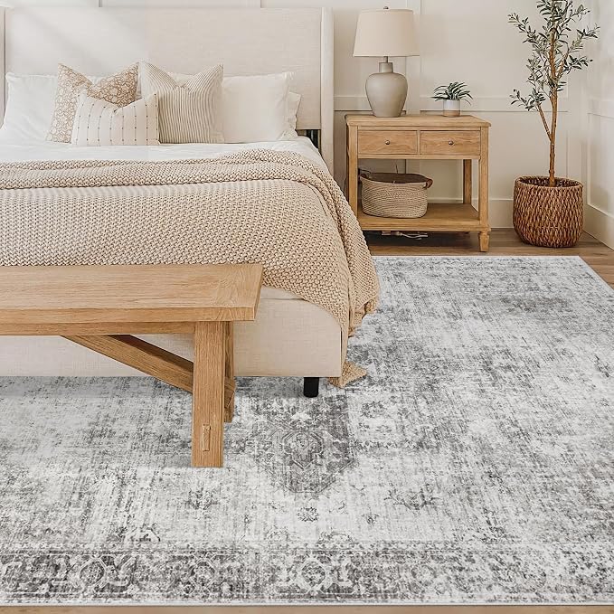 Area Rug 6x9 Washable Rug, Vintage Boho Medallion Rugs Non-Slip Soft Low Pile Large Distressed Rug Indoor Retro Carpet for Living Room Bedroom Dining Room Home Office (Grey, 6'x9')