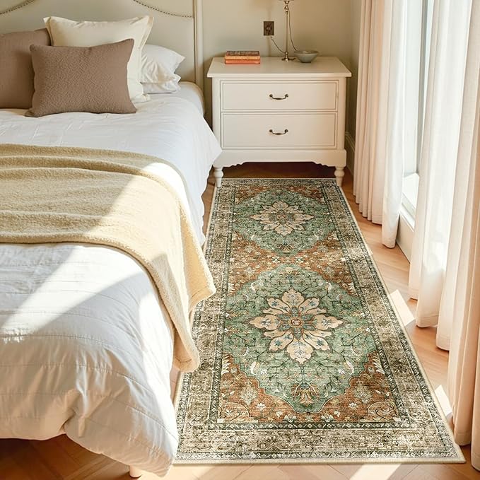 RELEANY Washable Area Rug, Runner 2'x6', Brick/Brown/Green | Non-Slip, Water Repellent, Pet Friendly, Easy to Clean, Vintage Floral Boho Decor for Kitchen Entry Bedroom Bedside Laundry