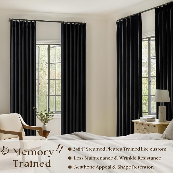 Black Pinch Pleated 100% Blackout Linen Bedroom Curtains 96 Inch Length | Double Layer Curtains, Pleat with Ring Hooks Back Tab, Black Out Room Darkening Drapes, for Living Room, 40x96 2 Panels Set