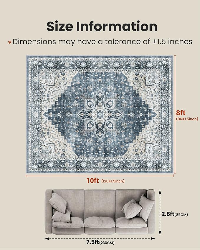 AMADA HOMEFURNISHING 8x10 Washable Area Rug, Low-Profile with Non-Slip Backing & Durable Edge Binding, Vintage Large Rugs for Living Room, Bedroom, Dining Room, Blue