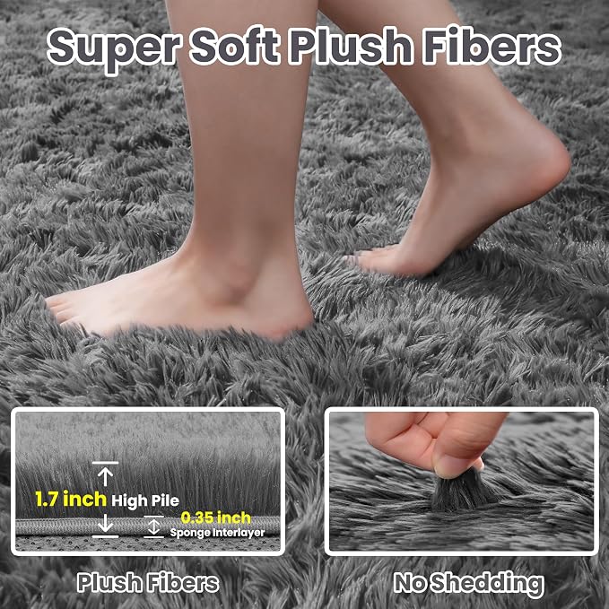 8x10 Fluffy Shag Area Rugs for Living Room Bedroom: Soft Carpet Light Gray | Upgraded Non-Slip Thick Memory Foam, Ultra Soft, Non-Shedding Fuzzy Carpet, Easy Clean Decor for Kids Room, Nursery, Playroom