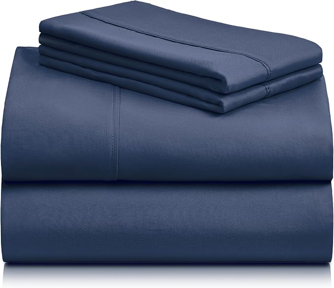 LuxClub 4 PC California King Sheet Set, Deep Pockets Wrinkle Free Cooling Bed Sheets Hotel Bedding for Women, Men, Includes 1 Fitted Sheet, 1 Flat Sheet and 2 Pillowcases-Navy | LuxClub Silky Fitted Sheet & Pillowcase Sets, Breathable Hotel Luxury Bedd...