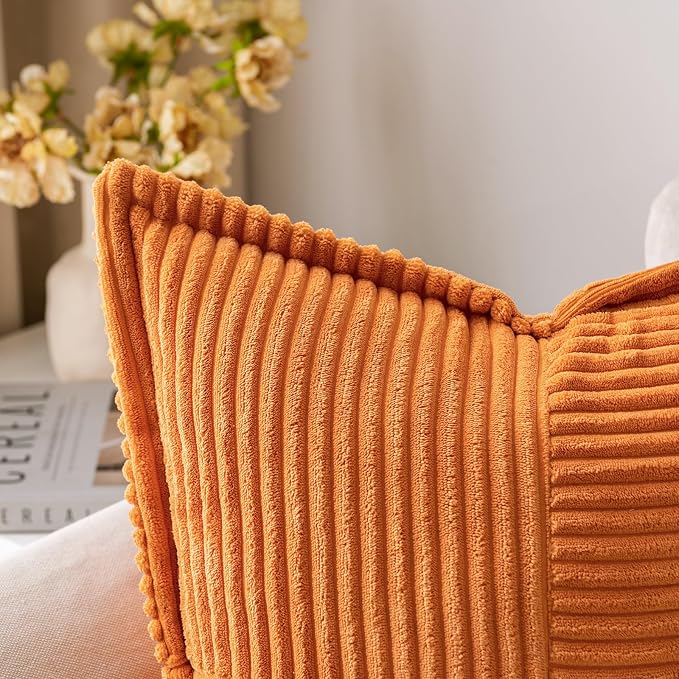 MIULEE Fall Burnt Orange Decorative Throw Pillow Covers 16x16 Inch 2 Pack | Boho Broadside Striped Patchwork Pillow Covers, Soft Corduroy Cushion Cases, For Couch Sofa Bed Livingroom Home Decor