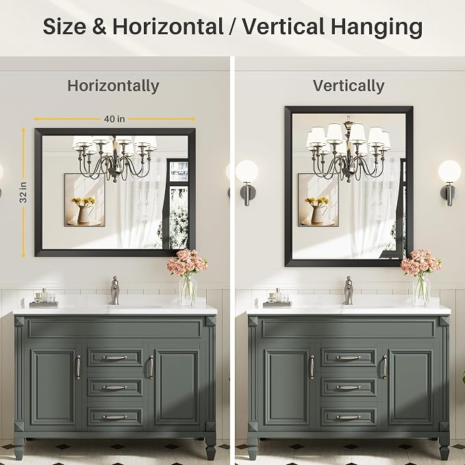 Black Metal Framed Bathroom Wall Mirror, 40x32 Inch | Anti-rust, HD tempered glass, for bathroom vanity, bedroom, living room, horizontal or vertical mount