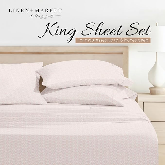 Linen Market Patterned Microfiber King Sheet Set 4 Piece – Oeko-TEX Certified Ultra Soft & Wrinkle-Free - 16" Deep Pocket Sheets - Easy Care King Size - Classic in Pink