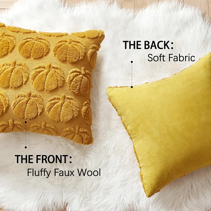 MIULEE Fall Pillow Covers Pumpkin Fall Decor 18x18 Mustard Yellow | Set of 2 Fall Decorations for Home, Plush Faux Fur Farmhouse Accent Pillowcases, Porch Sofa Couch Cushion Bed Livingroom