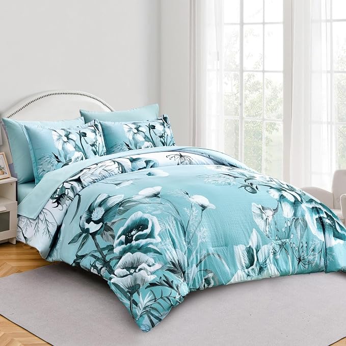 Floral Comforter Set Twin Size 7 Piece, Aqua Flower Bed in a Bag, Elegant Gradient Floral Comforter with Sheet Set, Soft Seersucker Microfiber Bedding Set for All Season (Aqua, 68"x86")
