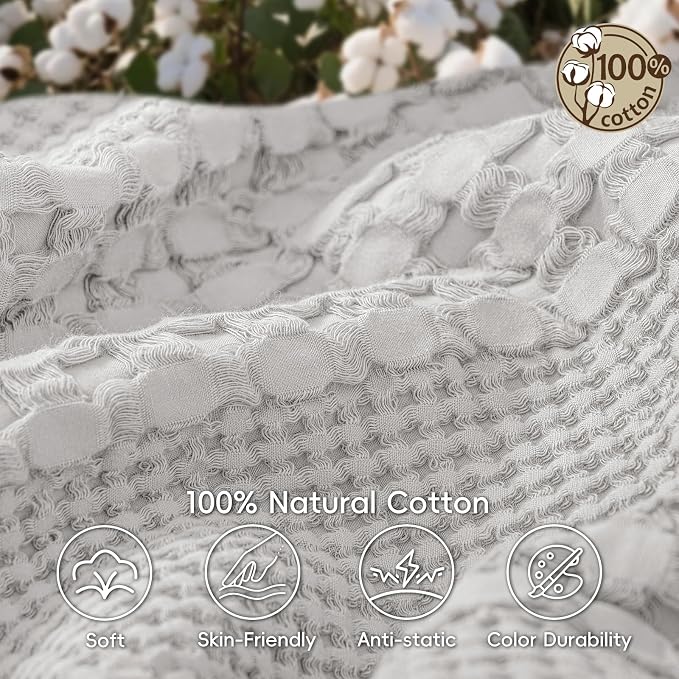 PHF Lightweight 100% Cotton Waffle Blanket for Bed, Queen, Light Grey | Pre-Washed Soft Cotton Comfort, Breathable Layering Warmth for Fall & Winter, Bed, Sofa, Couch, Home Decor & Gifts