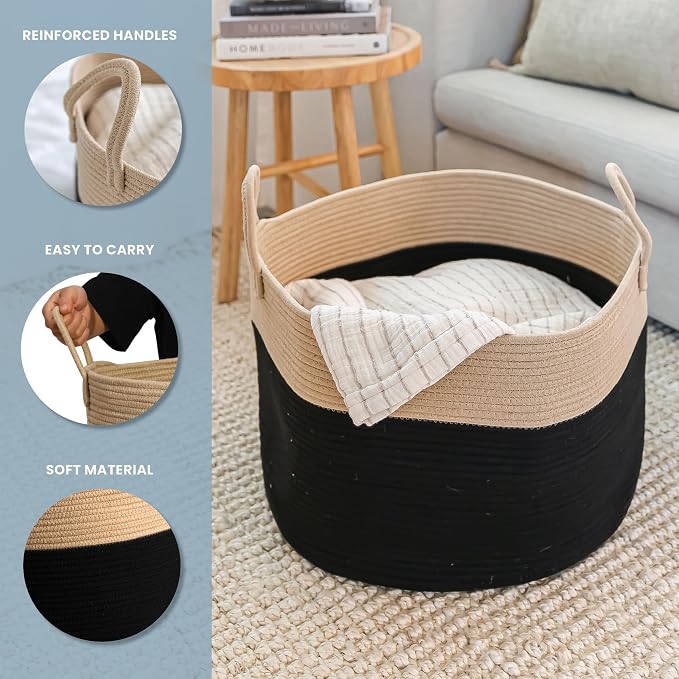 OrganiHaus Round Toy Basket & Blanket Basket, Cotton Rope 20x13" | Black / Honey - Round Cotton Rope Basket, 20x13"